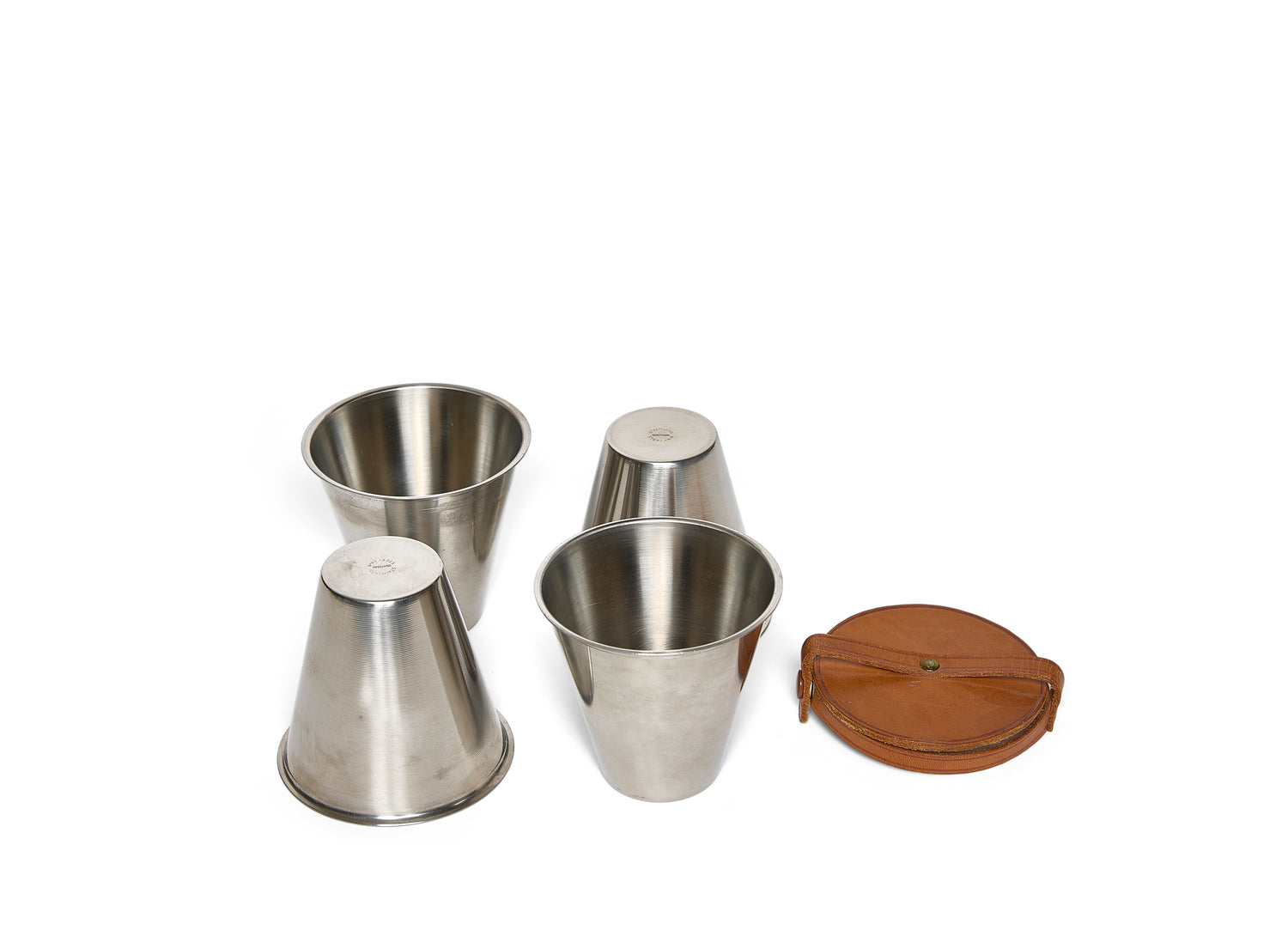 A Swedish Stainless and Leather Travelling Cup Set