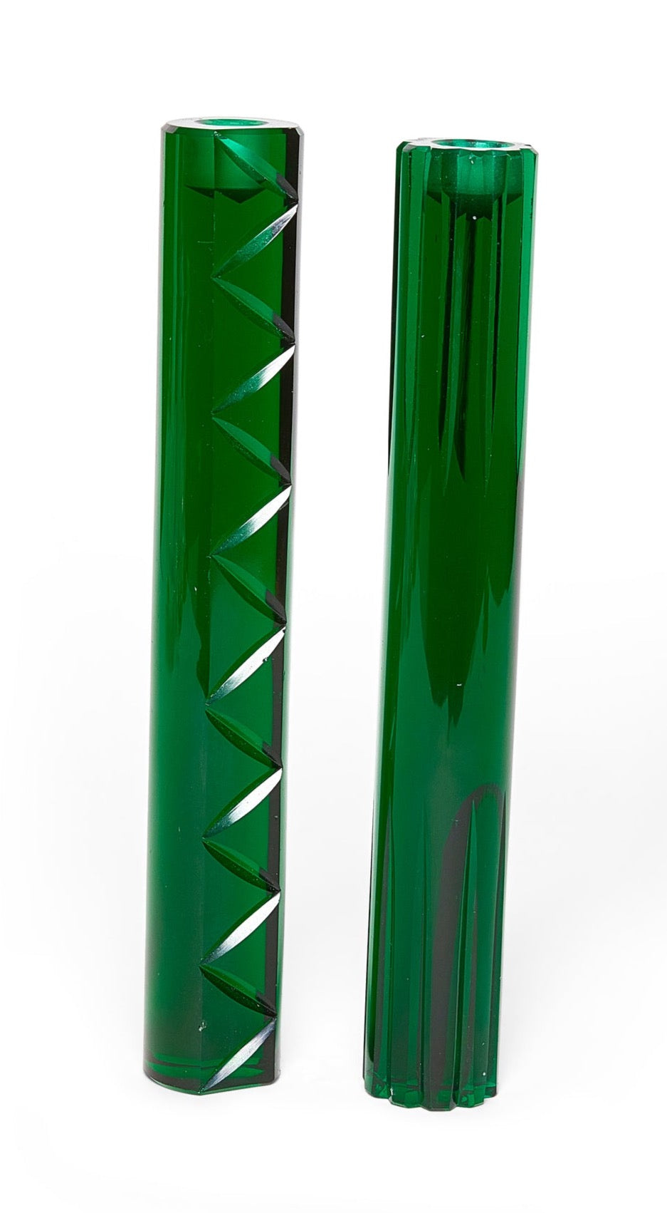 Pair of Green Glass Swedish Cut Crystal Candleholders