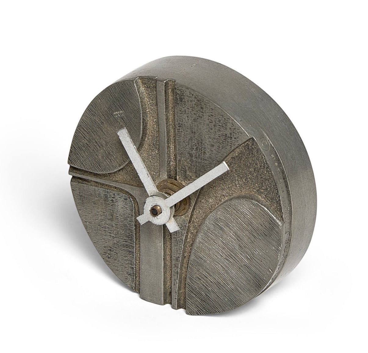 Sigmund Bernadette Swedish Brutalist Table Clock in Pewter