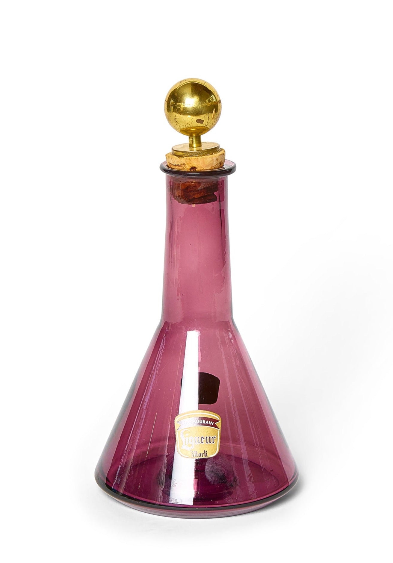 Cloudberry Liquor Bottle in Cranberry Glass with Brass Stopper By Tapio Wirkkala