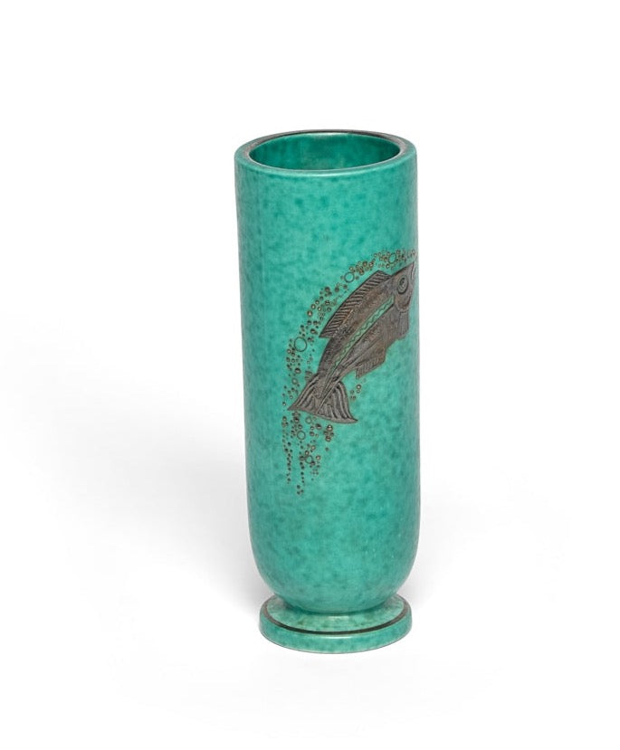Piscine Stoneware Vase with Applied Silver by Wilhelm Kage